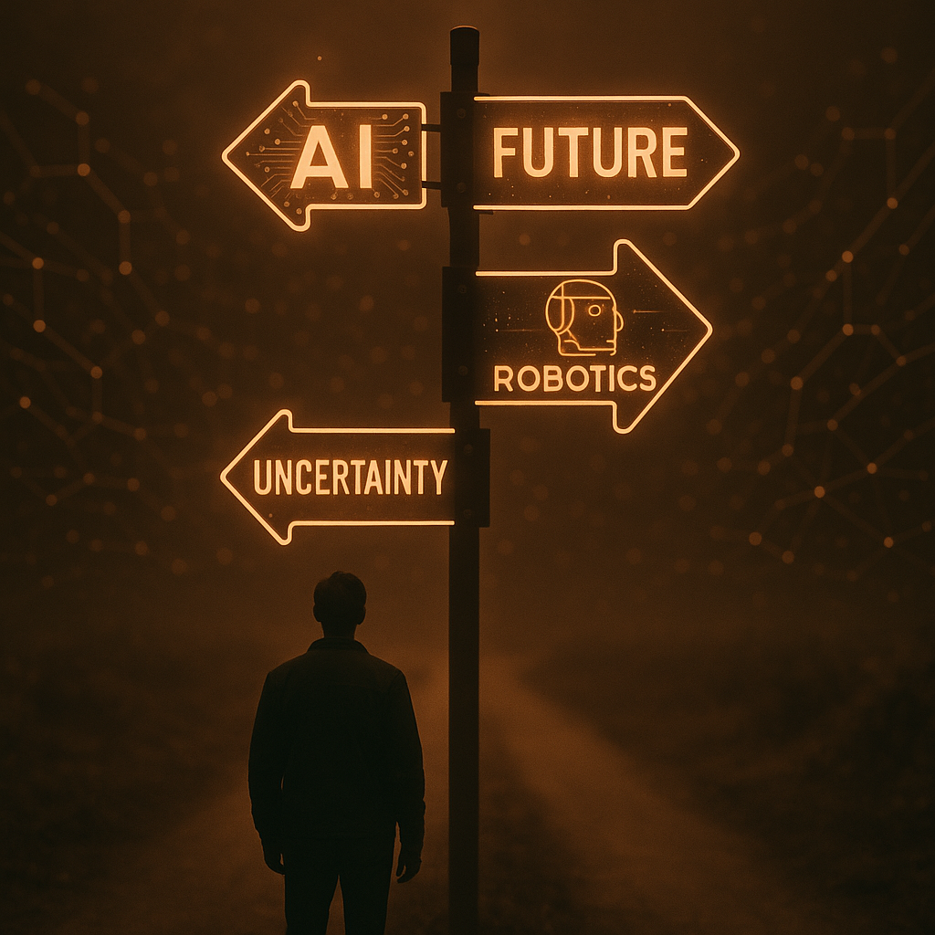 Persoon voor wegwijzer met richtingen naar AI, FUTURE, ROBOTICS en UNCERTAINTY