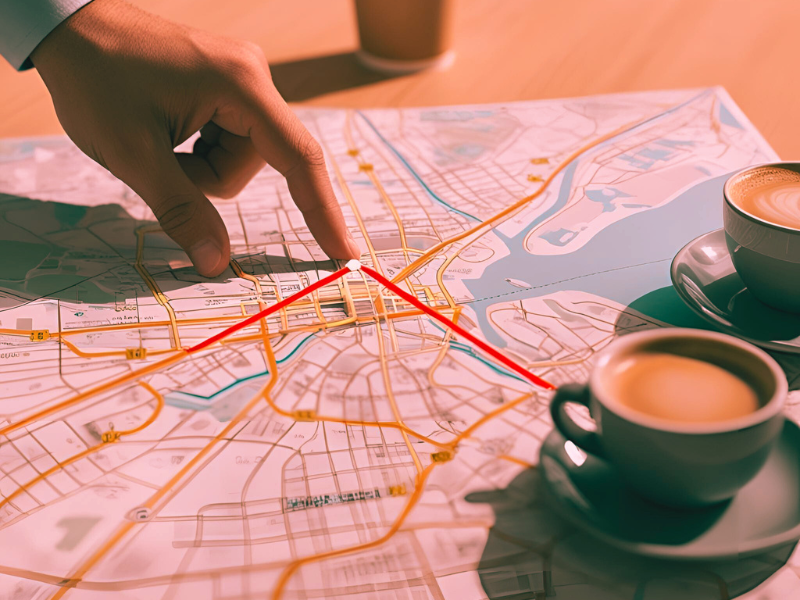 Strategische planning - hand wijst richting aan op een stadsplattegrond met koffie